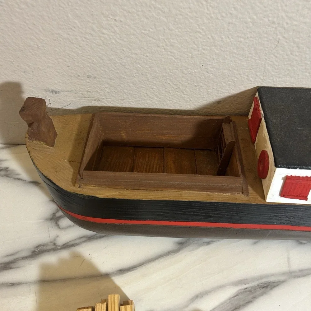 Handmade Vintage Freight Cargo Ship Boat Wooden‎ Toy W' Barrels Logs 15x5